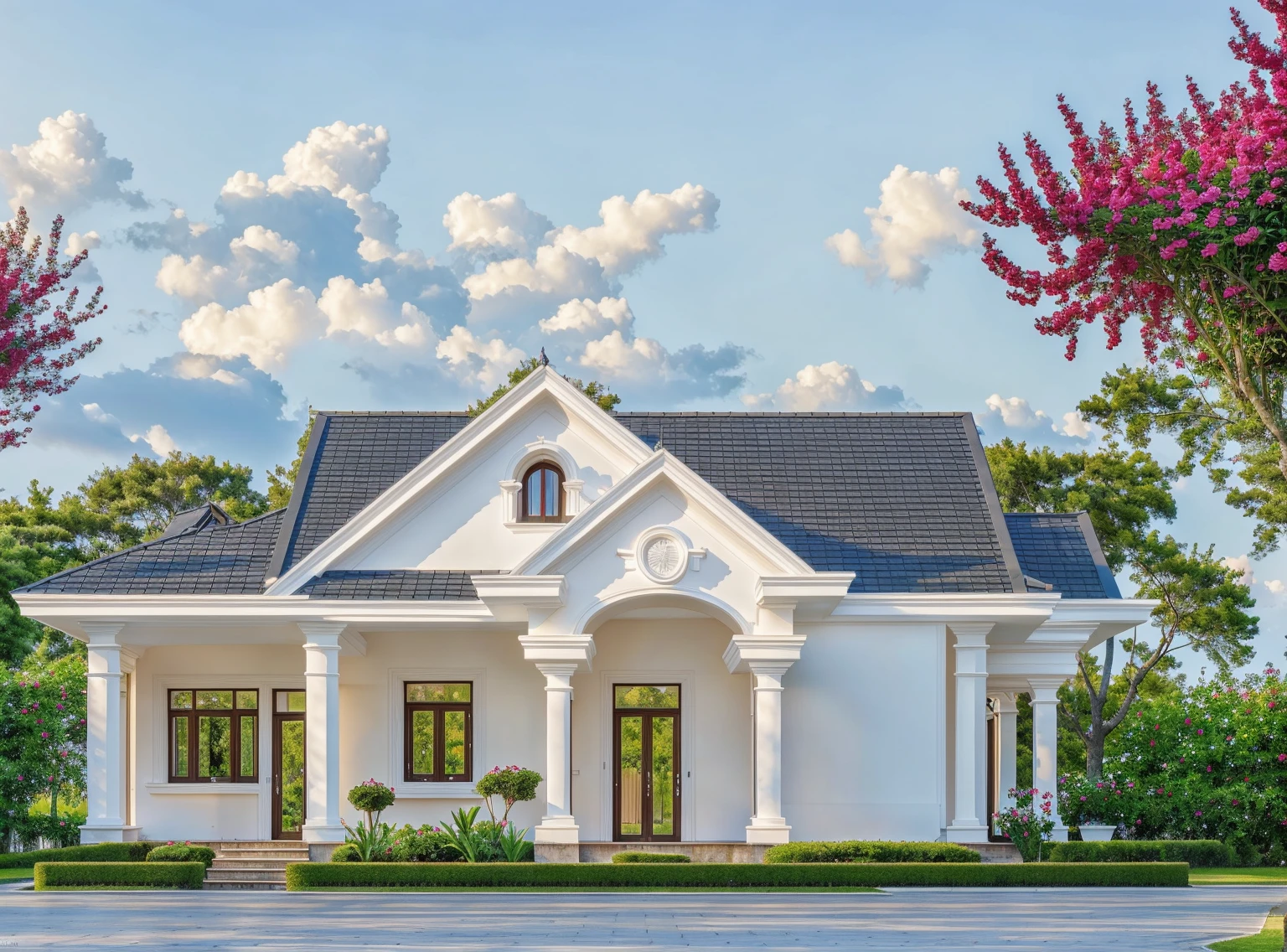 PLATEFORME KTHOUSE, Beaucoup de belles fleurs rouges le long de la route:1.3, Romantique, 1 maison de style néoclassique, La maison de ville est faite de murs blancs, Belle lumière, journée de beauté, ensoleillé, Beaucoup de bougainvilliers rouges le long de la route:1.3, belle sensation de jeunesse :1.2, soleil à midi, Très belles ombres, 