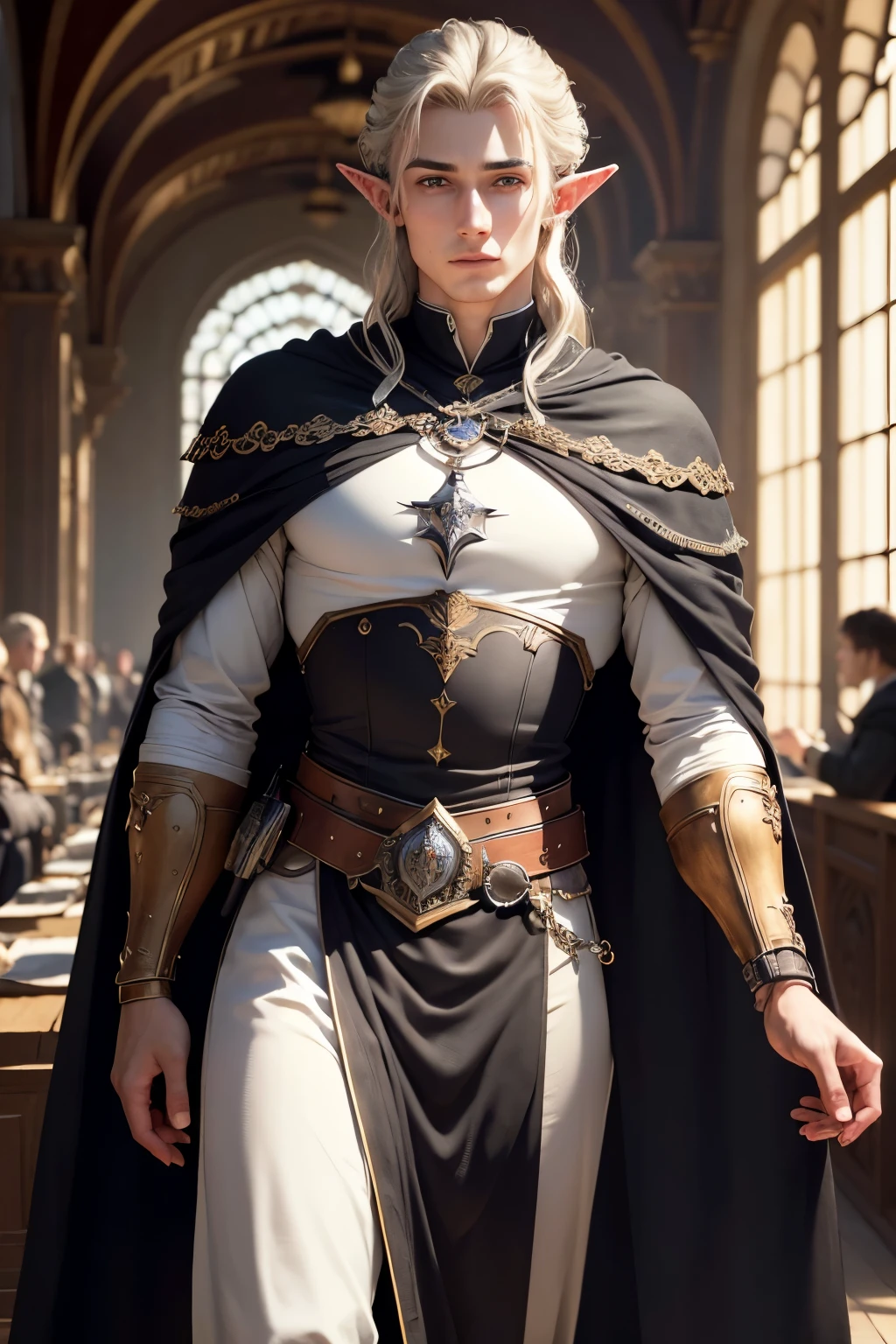 ((best quality)), ((masterpiece)), (detailed), Prize-winning works, with incredible details, maximum textures and details, uhd ,8K,super resolution ,depth of field, retina, masterpiece, anatomically correct, textured skin, super detail, high details, highres ,1 Male Elf Medieval Fantasy RPG Adventurer,similar to the work of JRR Tolkien,black long cape ,fully body, hyper-detailed piercing eyes , (25 year old young man :1.1,detailedeyes, face detailed, whole body:1.1,the background is a magnificent castle ),(best qualityer:1.2,ultra detali:1.1,realisitic:1.37) ,eyeshadows,sharp focus,swirly vibrant colors,)