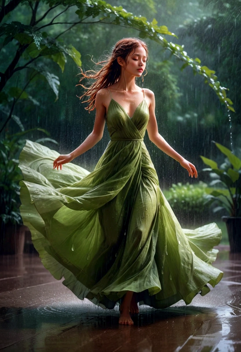 1girl, Dancing in the Rain, A woman dancing in the rain, elegant and graceful, raindrops sparkling on her skin, long flowing dress billowing in the wind, serene expression, peaceful atmosphere, natural lighting, lush green foliage in the background, moody and atmospheric, ethereal and dreamlike, cinematic composition, high-quality detailed rendering, 8k, hyper-detailed, masterpiece, best quality, very aesthetic, absurdres