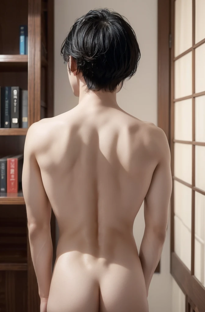 18-year-old boy, Completely naked ,Smooth Skin Library Black Hair, Thin、Beautiful Boy、Japanese、Dark Eyes、whole body、Back view、Butt、turn around