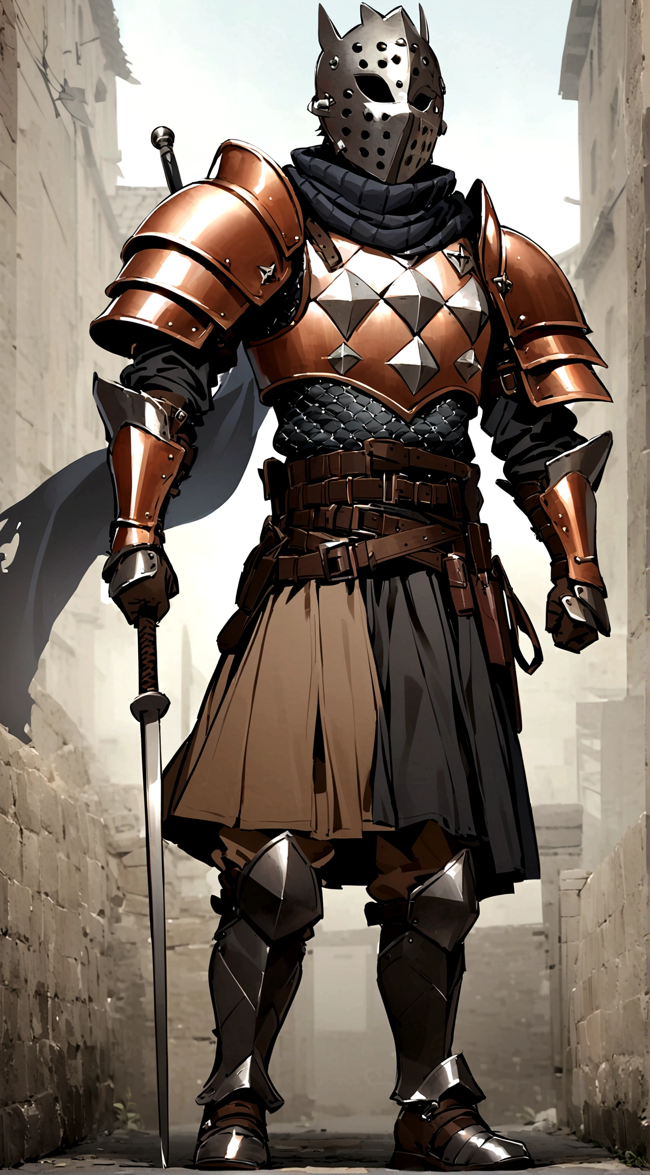 1boy, armor, light armor, gambeson, chainmail, brown pants, boots, copper armor, chestplate, bandolier, belts, shoulder plates, light shoulder armor, arm armor, leg armor, side skirts, black skirts, tattered scarf, black scarf, metal face, metal mask, fencing, rapier, buckler, Height=1.83m, BodyType=slim fit, masked, helmet, midjourney. metal face, Baldwin mask, Roman face mask, metal face, slightly copper colored armor, porcelain mask, acting mask, theathre mask