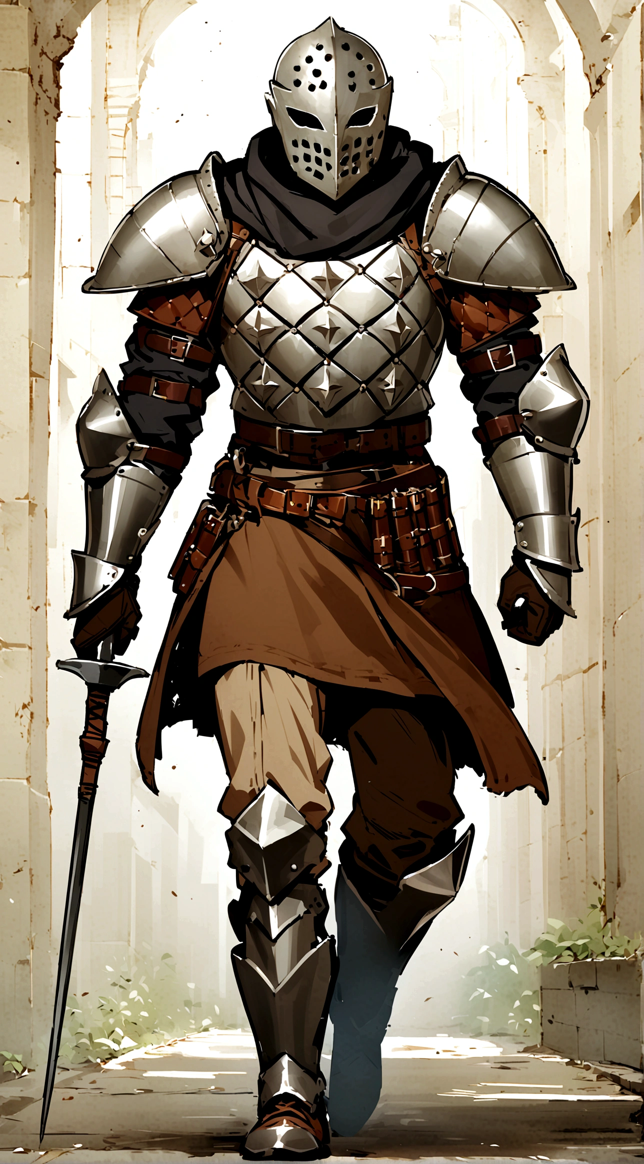 1boy, armor, light armor, gambeson, chainmail, brown pants, boots, copper armor, chestplate, bandolier, belts, shoulder plates, light shoulder armor, arm armor, leg armor, side skirts, black skirts, tattered scarf, black scarf, metal face, metal mask, fencing, rapier, buckler, Height=1.83m, BodyType=slim fit, masked, helmet, midjourney. metal face, Baldwin mask, Roman face mask, metal face, slightly copper colored armor, porcelain mask, acting mask, theathre mask