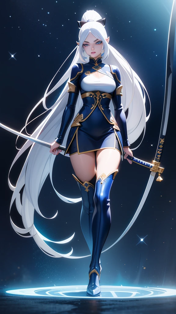 1 girl, ultra long hair, ultra detailed face, glowing lips, glowing blue eyes, very long ponytail, elegant walk, catwalk, holding down a  giant katana, blonde, long eyelashes, long boots , looking to the sky, starry sky, a ultra giant katana, 3d render style, white hair