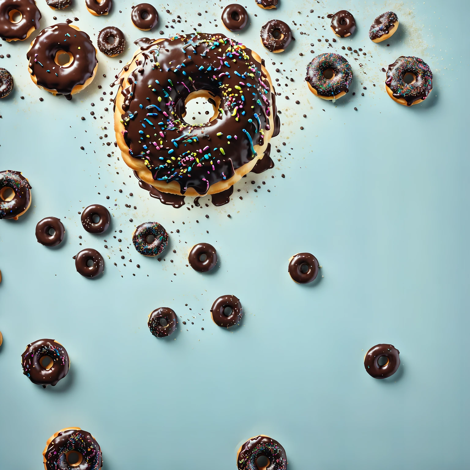 A chocolate donut，Solid color background，8K，Texture，candy