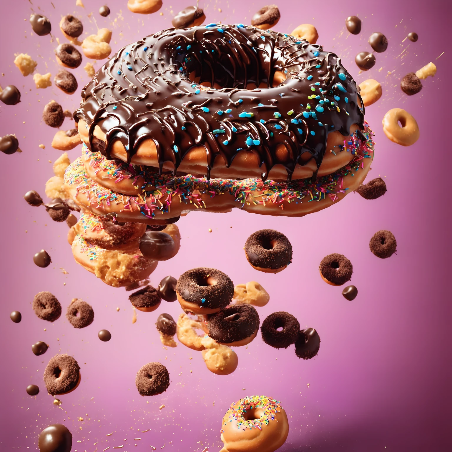 A chocolate donut，Solid color background，8K，Texture，candy