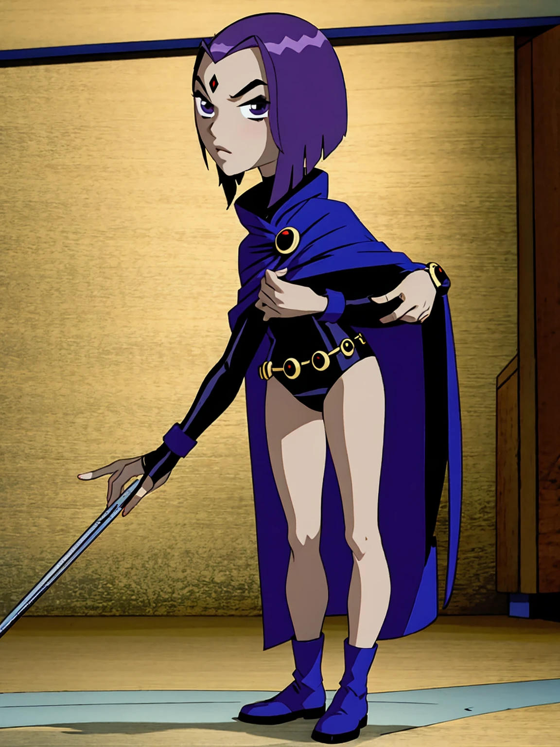 raventt, 1girl, solo, grey skin, cape, purple hair, purple eyes, forehead jewel, short hair, leotard, looking at viewer, belt,boots