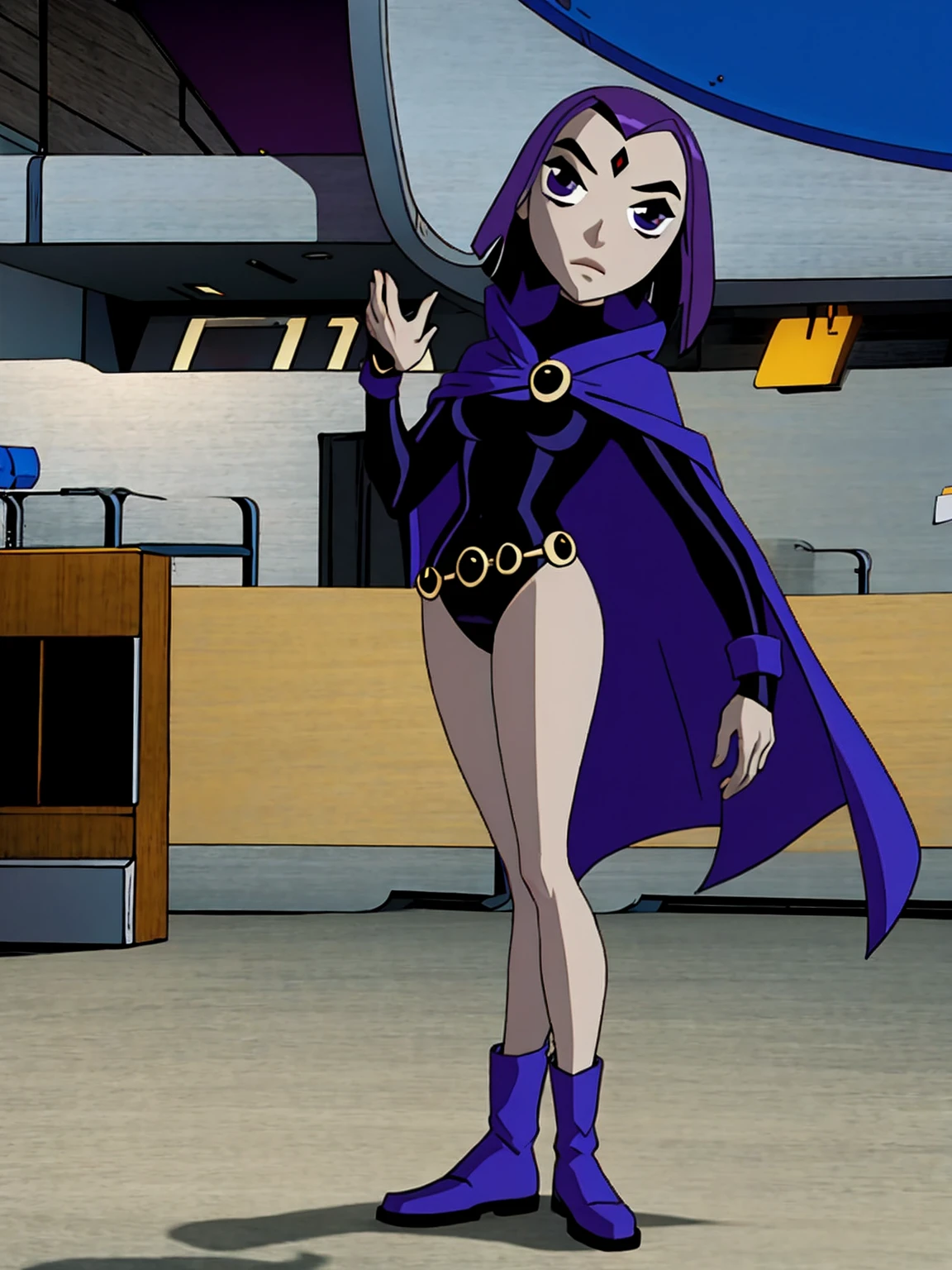 raventt, 1girl, solo, grey skin, cape, purple hair, purple eyes, forehead jewel, short hair, leotard, looking at viewer, belt,boots