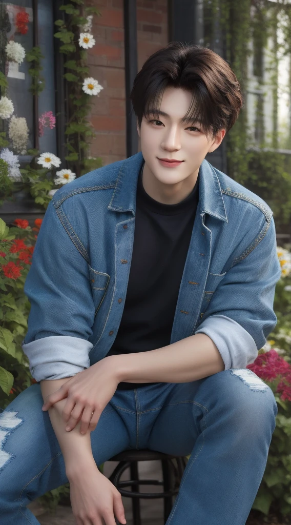 Best quality, ultra high resolution, ultra-detailed, style-empire, realistic, cinematic. A handsome korean man, thick eyebrows, gazing eyes, brown skin, shiny skin, black hair. He is wearing a denim jacket, white shirt inside, and denim jeans. He is at the garden, with lots of flowers. Half portrait, medium length close-up shot. He is smiling with teeth.