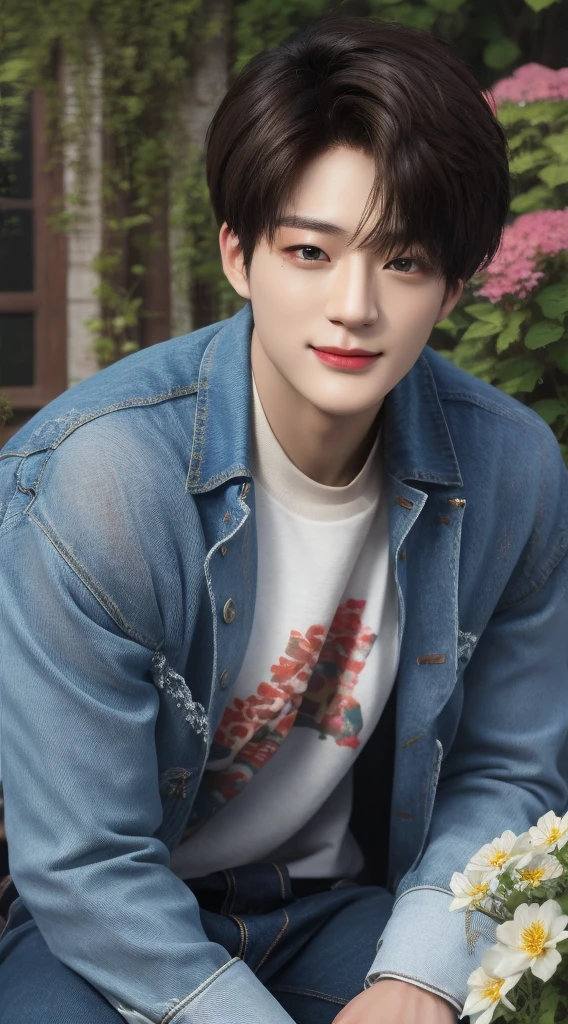 Best quality, ultra high resolution, ultra-detailed, style-empire, realistic, cinematic. A handsome korean man, thick eyebrows, gazing eyes, brown skin, shiny skin, black hair. He is wearing a denim jacket, white shirt inside, and denim jeans. He is at the garden, with lots of flowers. Half portrait, medium length close-up shot. He is smiling with teeth.