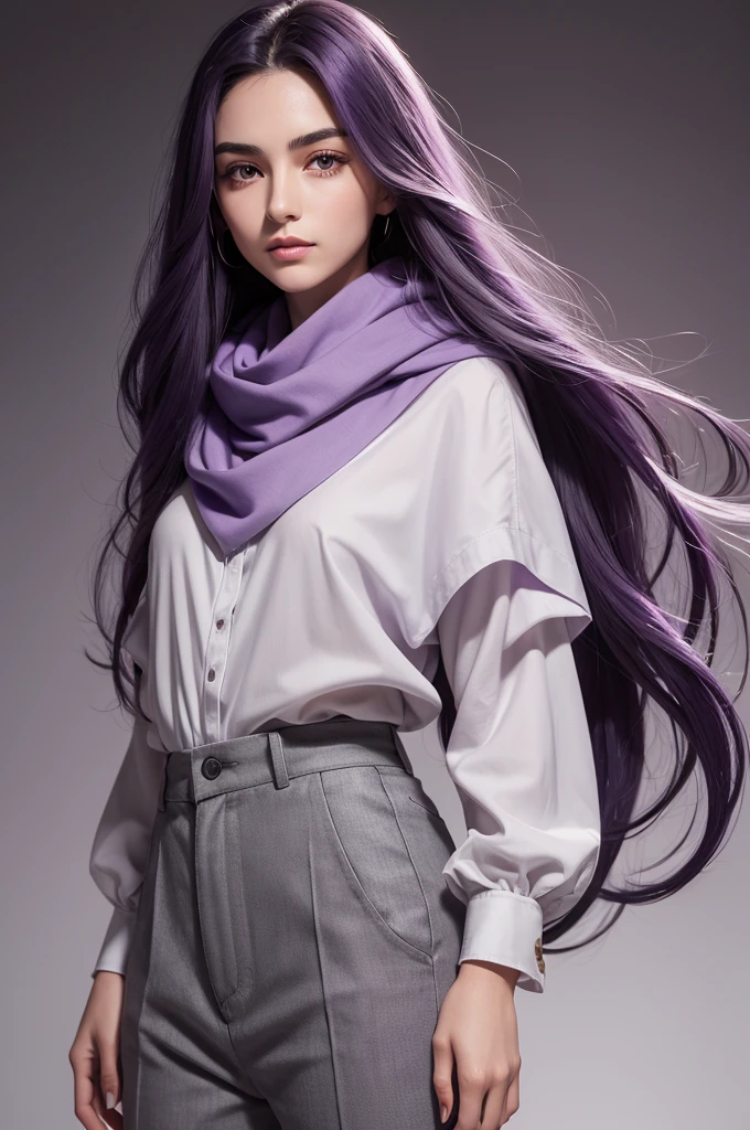 with light purple skin, with long dark purple hair, gray eyes, wearing pants and a star blouse, and arched eyebrows, and a gray scarf around his neck