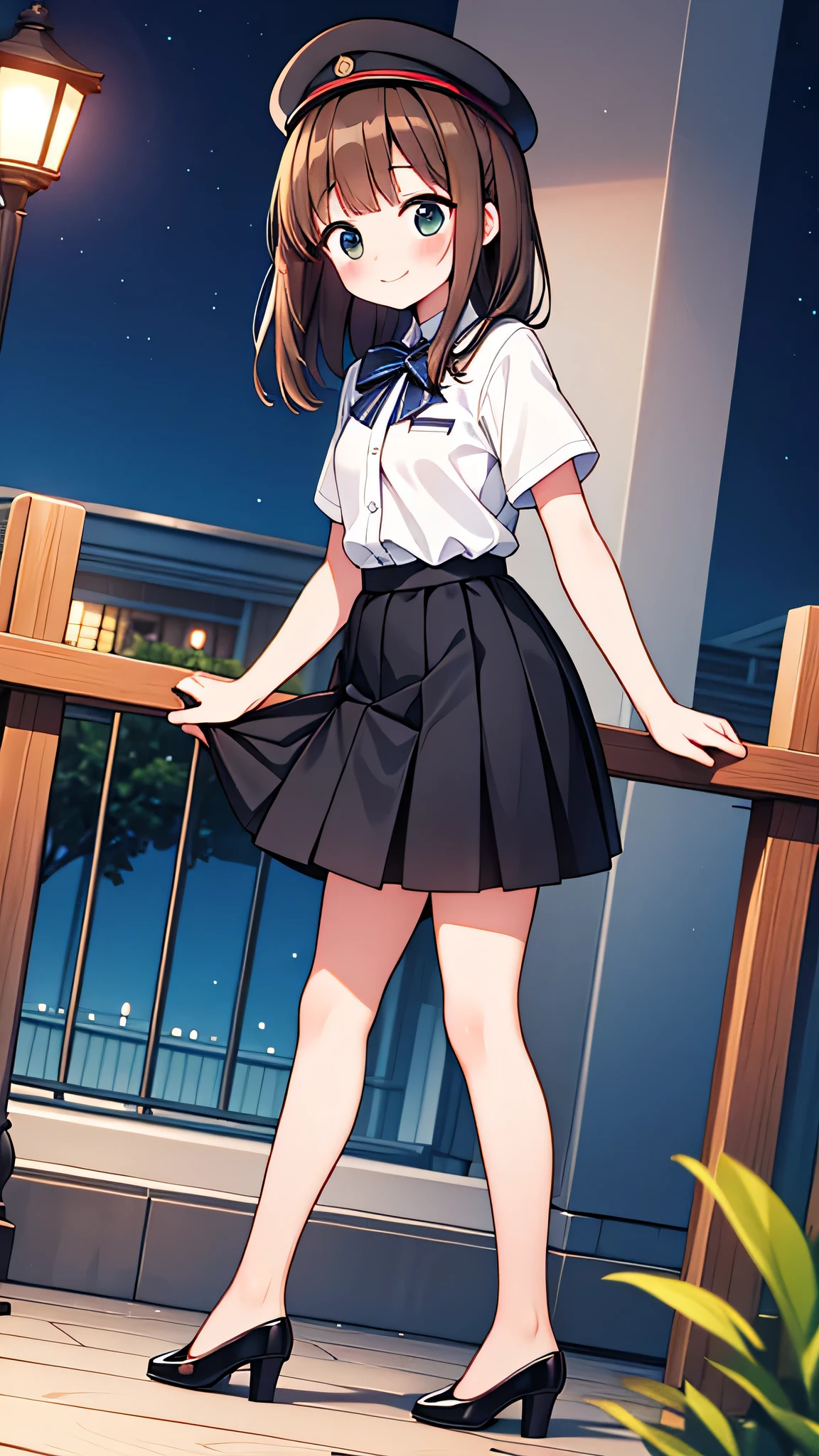 {Highest quality}, {Super beautiful},{Ultra fine},{Best illustration},Brown Hair,Hime cut,semi-long,Bangs,girl,Uniform cap,White Shirt,Short sleeve,Long black skirt,Night Park,Embarrassed,smilingly,Blushing,Slender women, A woman wearing plain black pumps,Bare feet and pumps,From an angle
