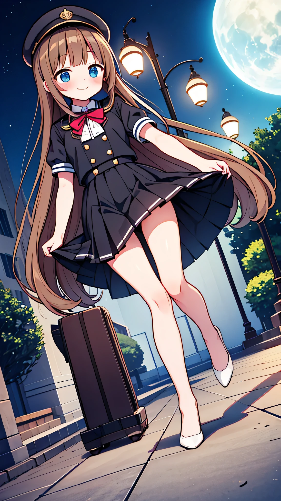 {Highest quality}, {Super beautiful},{Ultra fine},{Best illustration},Brown Hair,Hime cut,semi-long,Bangs,girl,Uniform cap,White Shirt,Short sleeve,Long black skirt,Night Park,Embarrassed,smilingly,Blushing,Slender women, A woman wearing plain black pumps,Bare feet and pumps,From an angle