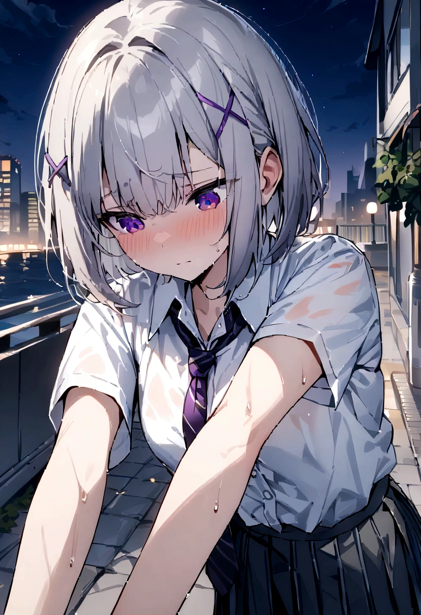 short hair, (Gray Hair:1.2), X Hair Ornament, Purple eyes,tie, girl,One person, Collared shirt, White shirt, Short sleeve, Pleated skirt, student, Highest quality, masterpiece, High resolution, summer,night、the way、City、Sadness、