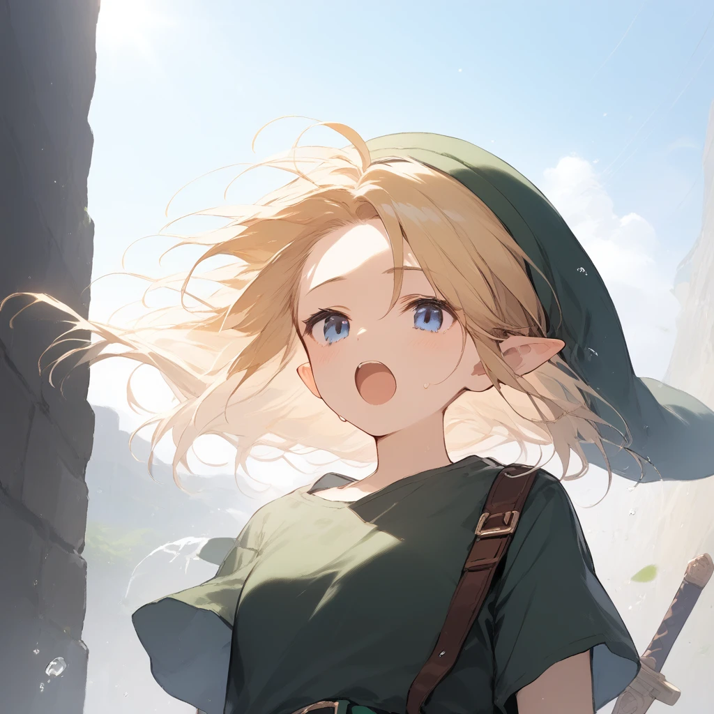 score_9, score_8_up, score_7_up, source_anime, best quality, masterpiece, official art, absurdres, highres, ultra-detailed,waifu2x,Collection: Slice of Life,break,1girl, YoungLink,13-year-old, small breasts, blonde hair, green tunic, pointy ears, hat, solo, blue eyes,green_headwear belt, sword, sweat, open mouth, (yawn:0.3), sleepily, meadow, outdoors, wind,break,(clear line illustration:1.2), super detailed skin,very high resolution, very aesthetic, Best sexual lighting powered by famous artist, 8k,cute picture,beauty illustration,photoshop_(medium),,(Detailed Lighting),best anime 8k konachan wallpaper, pixiv contest winner,