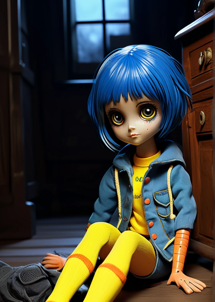 70s dark fantasy art, Coraline style, a Coraline doll lying on the floor, This rag doll has short blue hair, black button eyes, yellow cover, yellow boots and colorful socks, Horror Movie