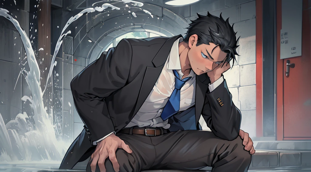 （1 Adult male），A high resolution， Sharp focus， Pixiv masterpiece， （（Complicated details））， highly  detailed， natsuki_subaru， 1 man，perfect male figure，Urine on the trouser leg， Nervously bow your head，is shy，embarressed，exhilarated，is shocked，panicking，worry，A pool of urine formed around him，Very eager to pee，Unbearable，Wet yourself，Urine discharge，full bodyesbian，sit astride，Tired，decadent， blue color eyes（eyes glowing）， Black hair short hair，white  shirt，Wear a tie，Wear a belt，trousers，perspire，Drenched，Get wet，pissing，urine flows down the pants，look from down