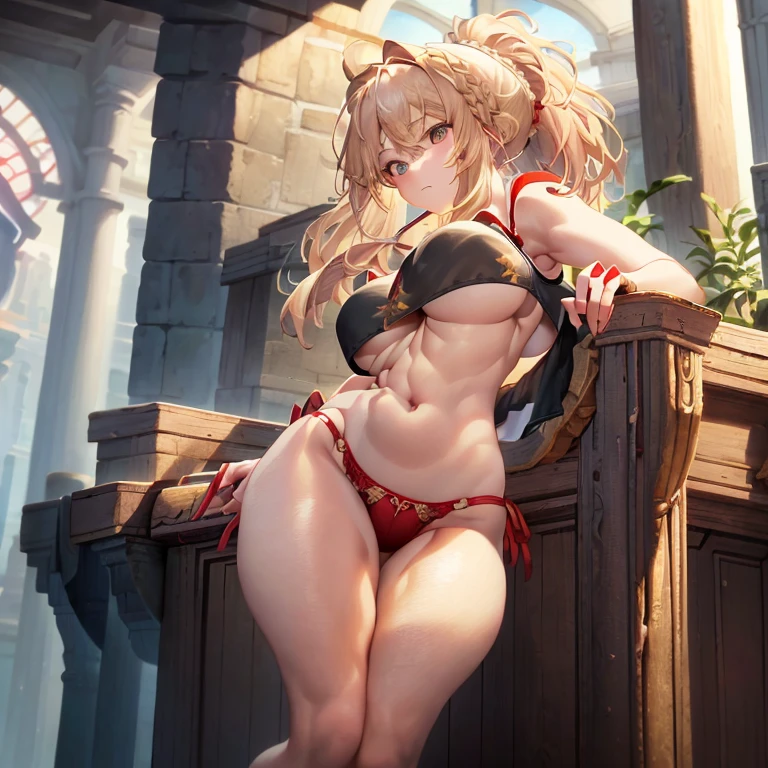 masterpiece、highest quality、Very detailed、An illustration、Beautiful fine details、One Girl、cute、Detailed landscape、Training Room Background:1.4、Platinum Blonde Hair、Braided Ponytail、Red camisole、((D cup , Tank top showing underboob:1.3))