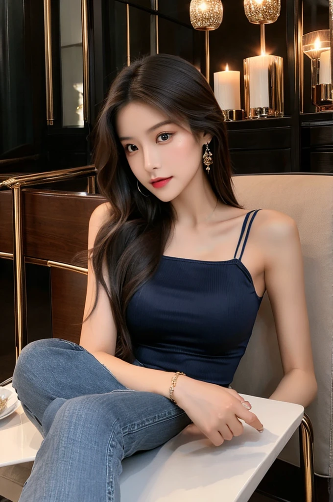 Generate an image of a breathtaking 20-year-old Asian woman whose beauty is comparable to a goddess of the fire element. She has large brown eyes, dark brown hair, radiant skin, and an appealing look. Dressed in a stunning top and blue skinny jeans, she is seated elegantly at a romantic dining table. The ambiance is intimate with soft lighting, candles, and a beautifully set table.