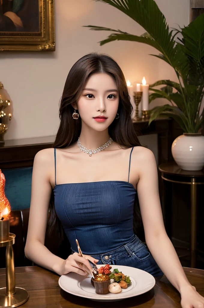 Generate an image of a breathtaking 20-year-old Asian woman whose beauty is comparable to a goddess of the fire element. She has large brown eyes, dark brown hair, radiant skin, and an appealing look. Dressed in a stunning top and blue skinny jeans, she is seated elegantly at a romantic dining table. The ambiance is intimate with soft lighting, candles, and a beautifully set table.