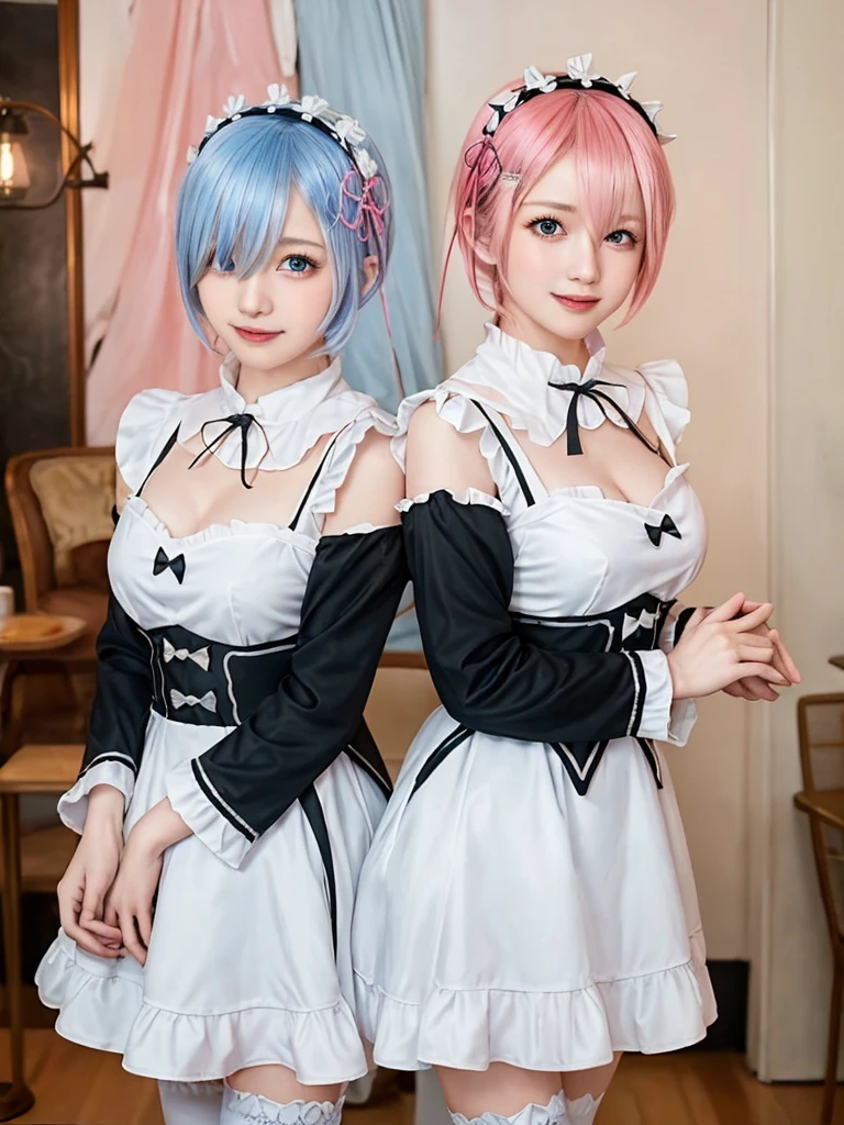 Accurate depiction with high resolution,(8K, Photorealistic, Raw photo, of the highest quality: 1.3), (1girl in), Super beautiful, (Realistic face), (boyish, pink Color Berry Shorthair), Beautiful , Glare that captivates the viewer, Beautiful expression, Beautiful breasts, (Realistic skin), Be...Create a detailed and colorful image of Ram and Rem from Re:Zero, standing back-to-back in their maid outfits, with a magical fantasy background、14years old, two girls,cute, perfect face, beautiful, nice body, gothic lolita clothes, gothic lolita fashion, frilly skirt, headdress, necklace, bracelet, knee-high socks, boots, double eyelids, tear bags, Detailed down to the fingers, photo-like description, indoors, dim indoor lighting, one girl is pink hair and short bob, another girl is light blue hair and short bob,standing,whole body, composition that shows the whole body, smiling,The Both of them are wearing the same type of maid outfit,Optimal ratio of 4 fingers and 1 thumb,walking