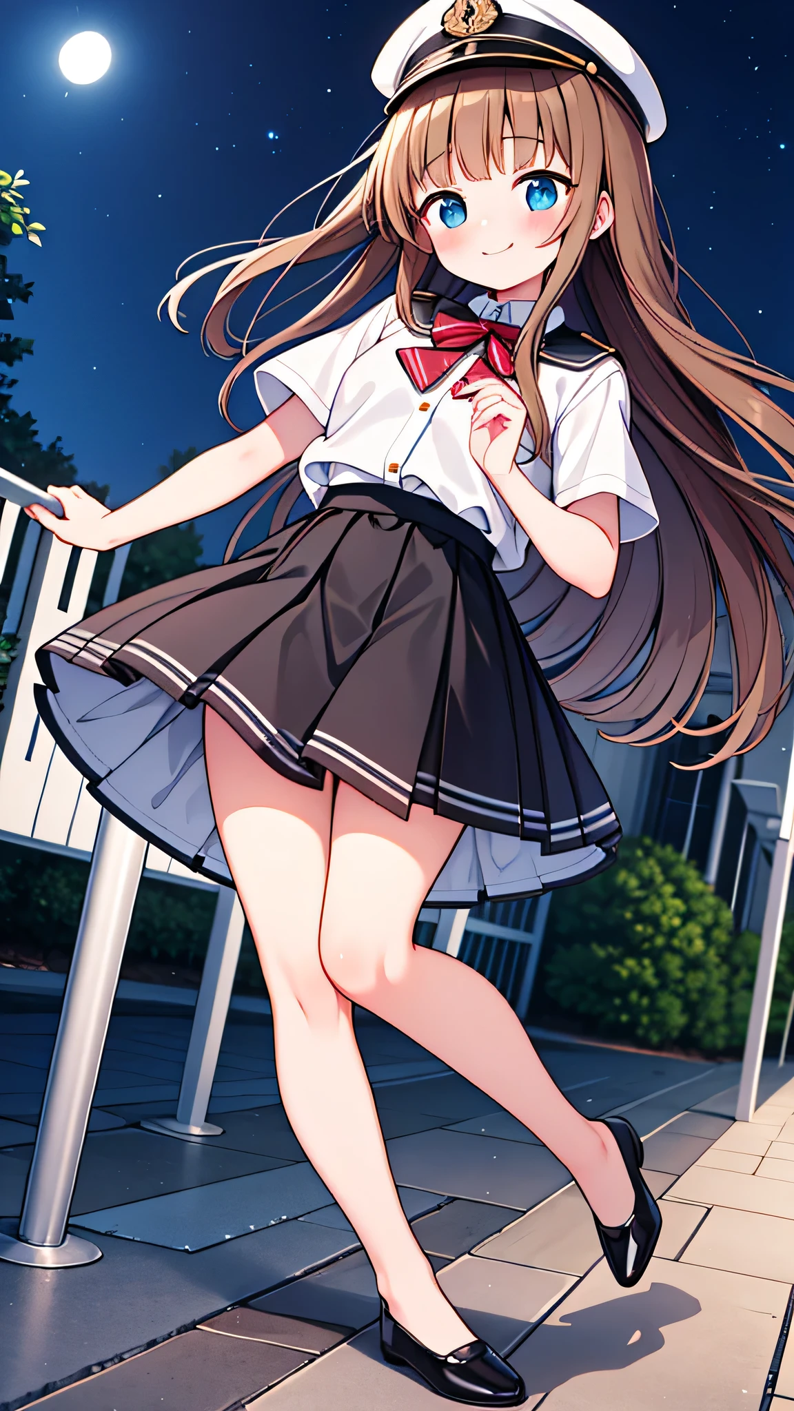 {Highest quality}, {Super beautiful},{Ultra fine},{Best illustration},Brown Hair,Hime cut,semi-long,Bangs,girl,Uniform cap,White Shirt,Short sleeve,Long black skirt,Night Park,Embarrassed,smilingly,Blushing,Slender women, Plain black pumps,Bare feet and pumps,Stand with your legs together,From an angle
