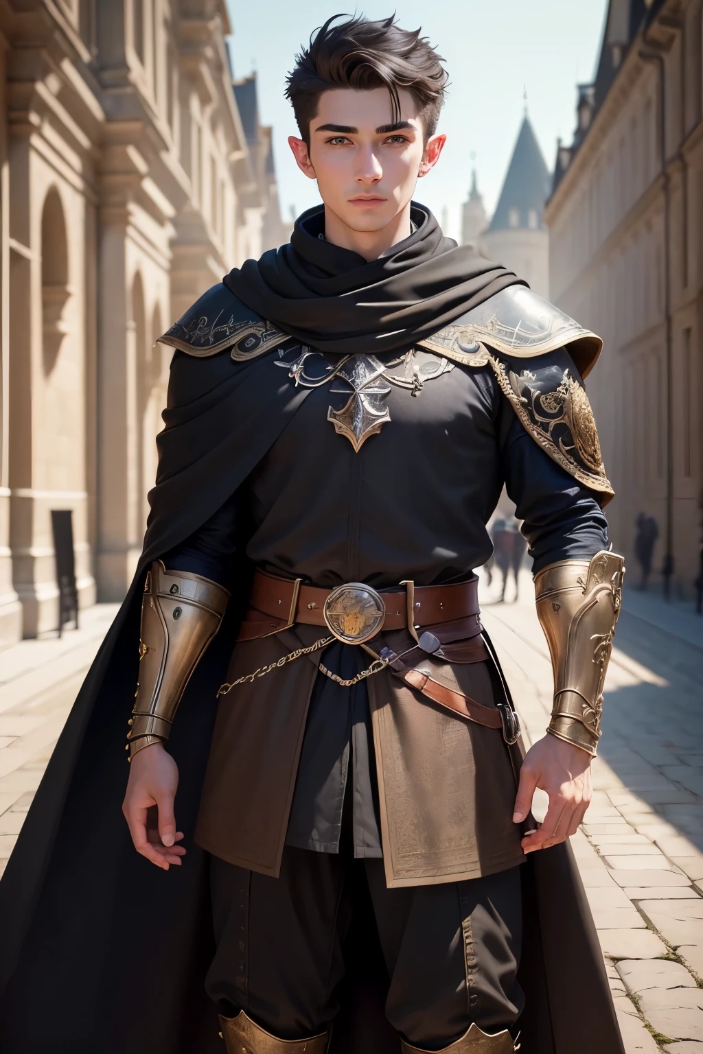 ((best quality)), ((masterpiece)), (detailed), Prize-winning works, with incredible details, maximum textures and details, uhd ,8K,super resolution ,depth of field, retina, masterpiece, anatomically correct, textured skin, super detail, high details, highres ,1 Male Elf Medieval Fantasy RPG Adventurer,similar to the work of JRR Tolkien,black long cape ,fully body, hyper-detailed piercing eyes , (25 year old young man :1.1,detailedeyes, face detailed, whole body:1.1,the background is a magnificent castle ),(best qualityer:1.2,ultra detali:1.1,realisitic:1.37) ,eyeshadows,sharp focus,swirly vibrant colors,)