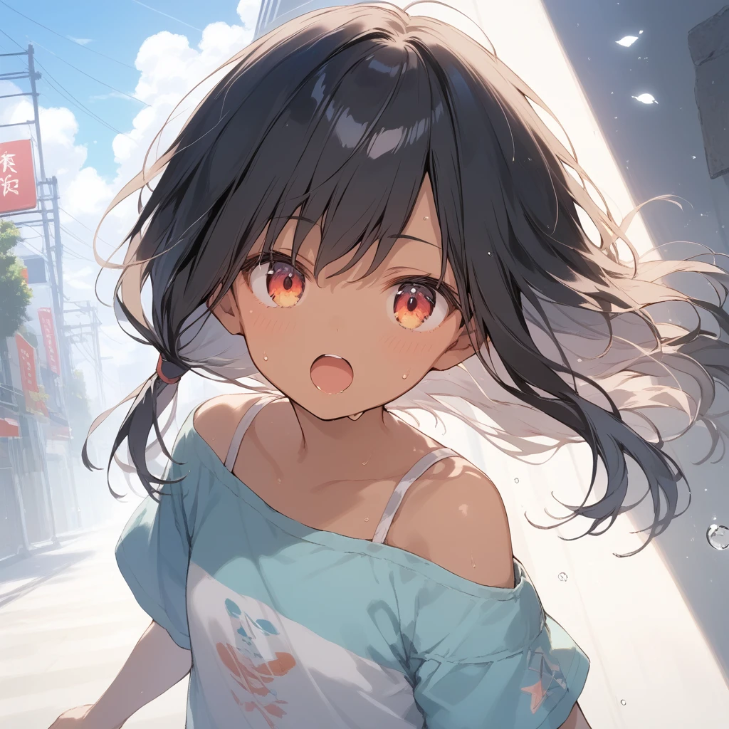 score_9, score_8_up, score_7_up, source_anime, best quality, masterpiece, official art, absurdres, highres, ultra-detailed,waifu2x,Collection: Slice of Life,break,1girl, tomboy, dark-skinned female, short hair, low ponytail, flat chest, beautiful detailed eyes, short shorts, sweat, open mouth, (yawn:0.3), sleepily, outdoors, wind,break,(clear line illustration:1.2), super detailed skin,very high resolution, very aesthetic, Best sexual lighting powered by famous artist, 8k,cute picture,beauty illustration,photoshop_(medium),,(Detailed Lighting),best anime 8k konachan wallpaper, pixiv contest winner,