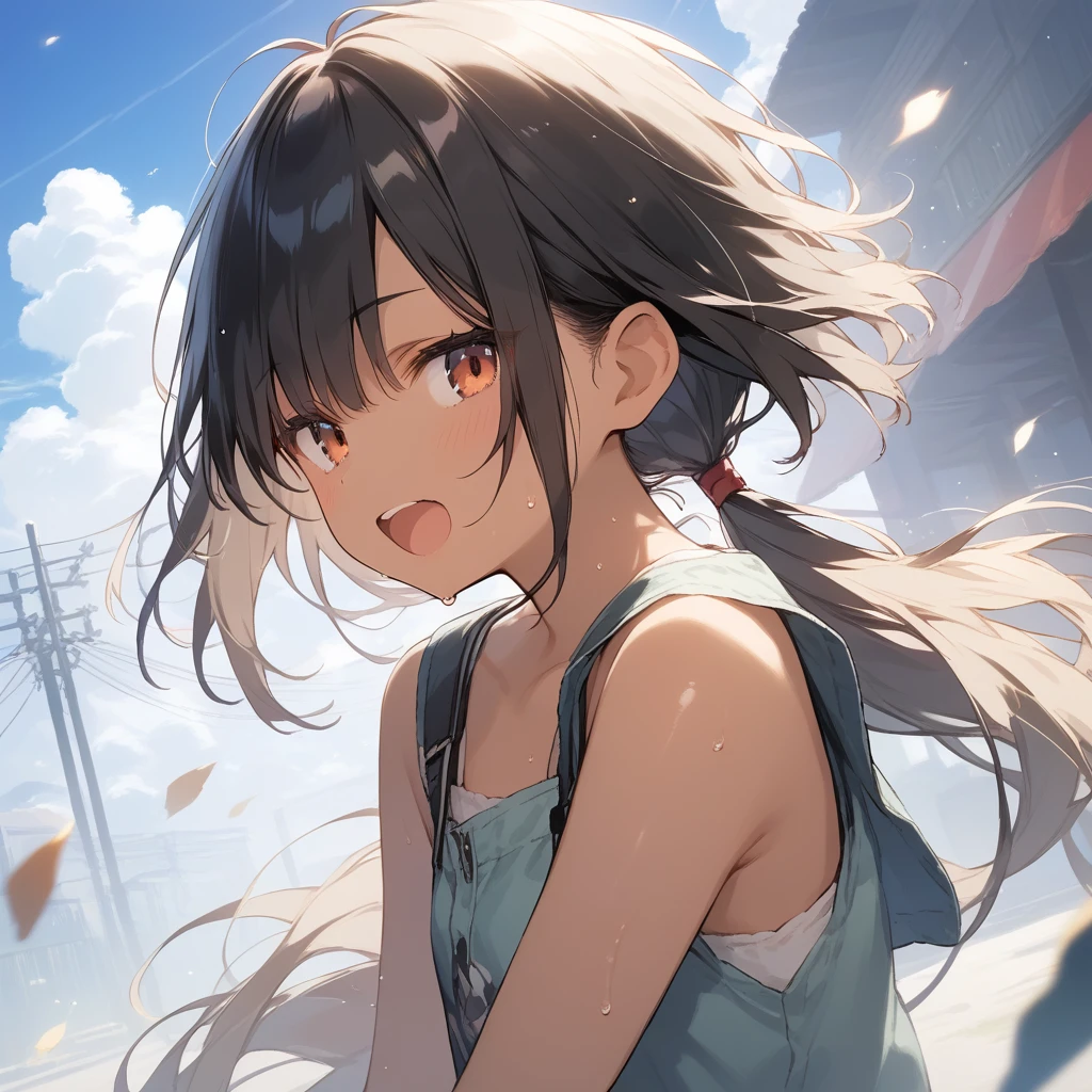 score_9, score_8_up, score_7_up, source_anime, best quality, masterpiece, official art, absurdres, highres, ultra-detailed,waifu2x,Collection: Slice of Life,break,1girl, tomboy, dark-skinned female, short hair, low ponytail, flat chest, beautiful detailed eyes, short shorts, sweat, open mouth, (yawn:0.3), sleepily, outdoors, wind,break,(clear line illustration:1.2), super detailed skin,very high resolution, very aesthetic, Best sexual lighting powered by famous artist, 8k,cute picture,beauty illustration,photoshop_(medium),,(Detailed Lighting),best anime 8k konachan wallpaper, pixiv contest winner, 