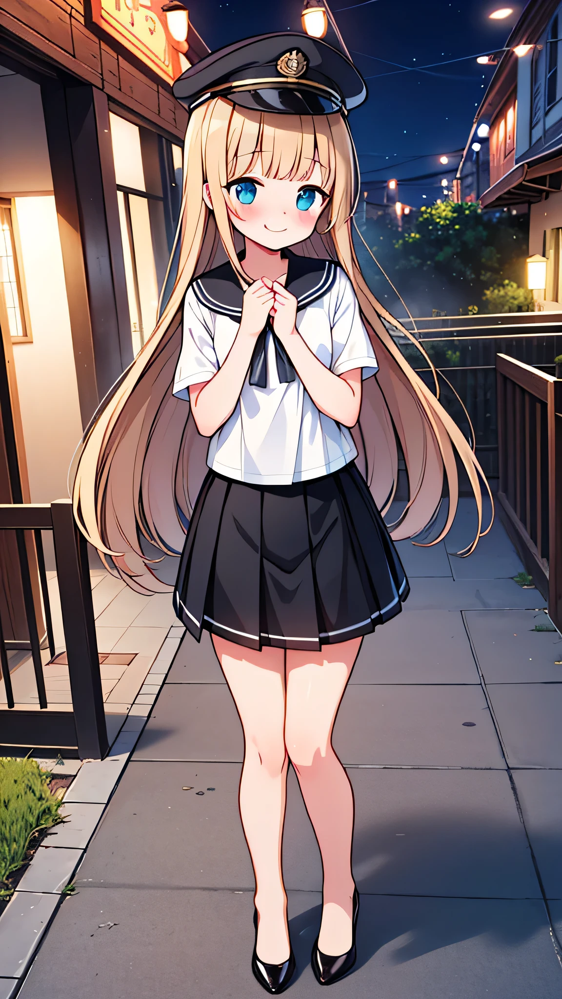 {Highest quality}, {Super beautiful},{Ultra fine},{Best illustration},Brown Hair,Hime cut,semi-long,Bangs,girl,Uniform cap,White Shirt,Short sleeve,Long black skirt,Night Park,Embarrassed,smilingly,Blushing,Slender women, Plain black pumps,Bare feet and pumps,From an angle