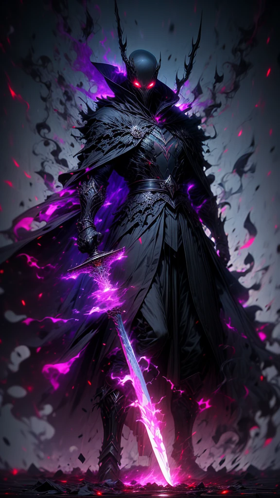 A dark and ominous creature, a god of death with a black crown, red glowing eyes, dynamic point of view, a fantasy character with a large torn black cape, wearing black and torn clothes, holding a magic sword with a blue and green aura around it, magical effects surrounding the sword, dark evening outdoor background on a dark plain