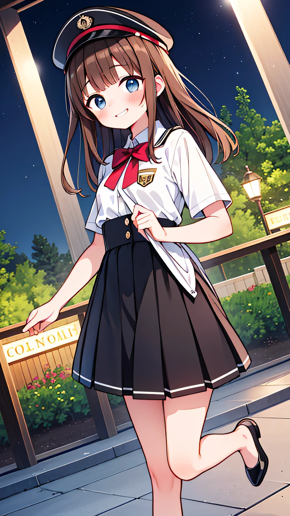 {Highest quality}, {Super beautiful},{Ultra fine},{Best illustration},Brown Hair,Hime cut,semi-long,Bangs,girl,Uniform cap,White Shirt,Short sleeve,Long black skirt,Night Park,Embarrassed,smilingly,Blushing,Slender women, Plain black pumps,Bare feet and pumps,From an angle
