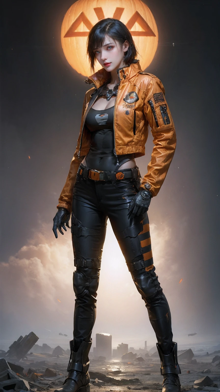 1girl,solo,(realistic:1.2),cyberpunk, cyborg, halloween,  jack-o'-lantern, mechanical_arms, orange_jacket, orange_pants, orange_shirt, pumpkin, science_fiction, simple_background, gloves, standing, jacket, cowboy_shot, urban techwear, outfit