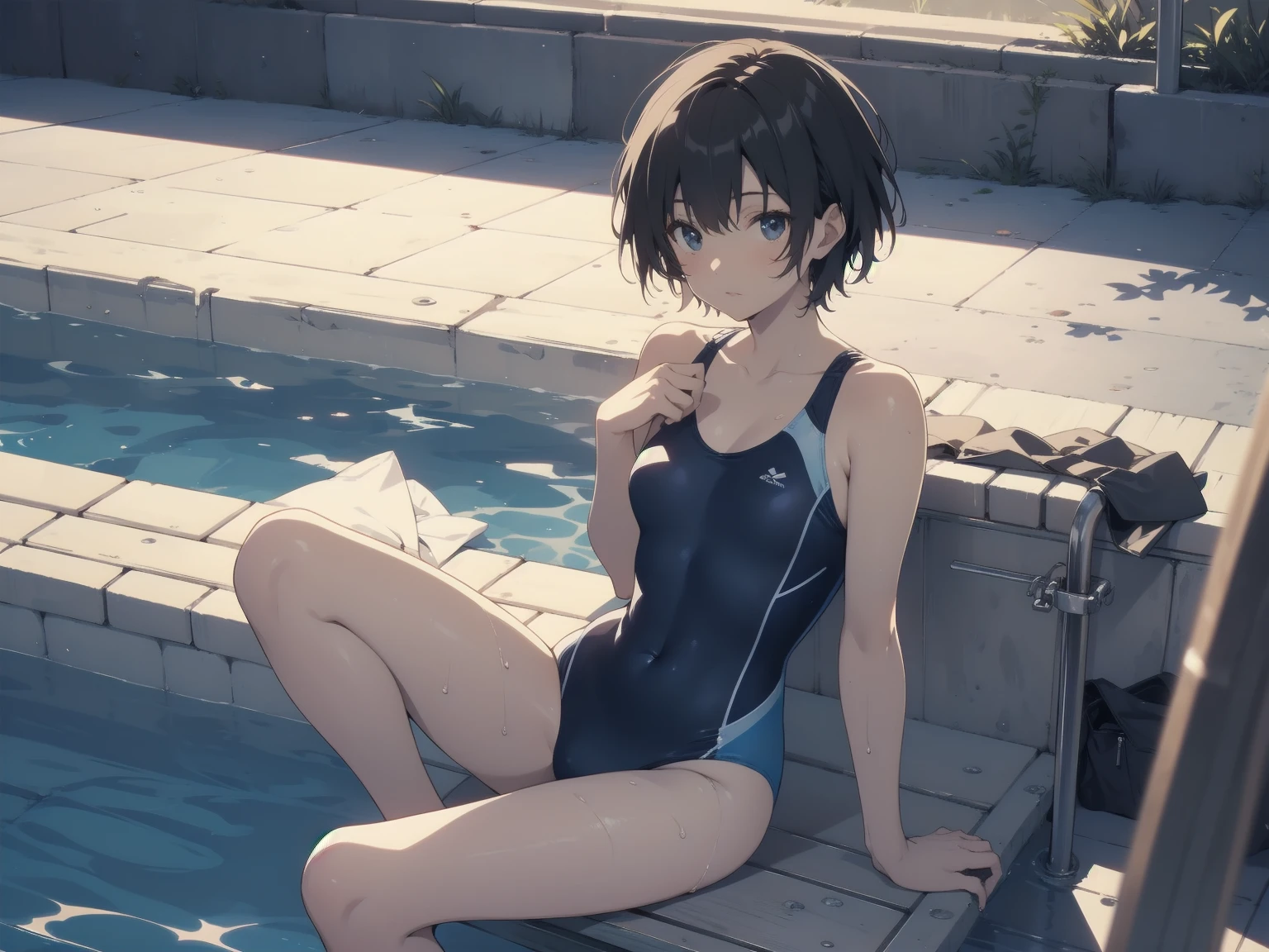 ultra-Top-quality by art God, ultra-detailed, high resolution, shinkai makoto style, anime moe artstyle, best anime 8k konachan wallpaper, pixiv contest winner, perfect anatomy, break,(Please draw a picture of a girl in a swimsuit sitting on a bench by the poolside alone.),break, a hyperrealistic school girl, parted lips, (Solo,ta, kid, 13-year-old:1.3),Full limbs, complete fingers, androgynous charm, very short hair, wet hair, small breasts,slender body, Small butt, groin, Small black eyes,hanme,beautiful detailed eyes, well-proportioned iris and pupils, sleepily, highres detailed hair, swimsuit, wet swimsuit, bare shoulders, thighs, in the school pool. break,dewy skin, perspiration on the skin,skin texture, fine lines, pores, natural imperfections,light reflections, glossy skin, shiny skin,break,super detailed skin, shiny skin, Best lighting powered by famous artist, 8k, illustration,UHD, textured skin,break,((artist:toosaka_asagi )), artist:clamp ,artist:carnelian ,artist:kantoku ,