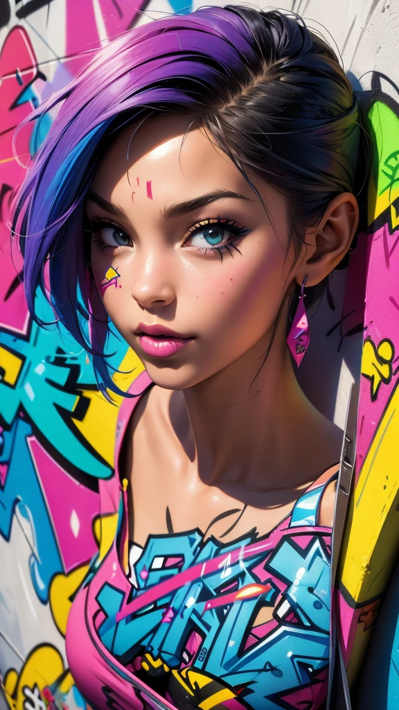(best quality), (high detail), (vivid colors), (graffiti style), (freestyle), (Close up), (1girl), young sexy female graffiti artist, spraying graffiti on a wall painted with street art, HDR, 8K, 3D, graffiti art style.