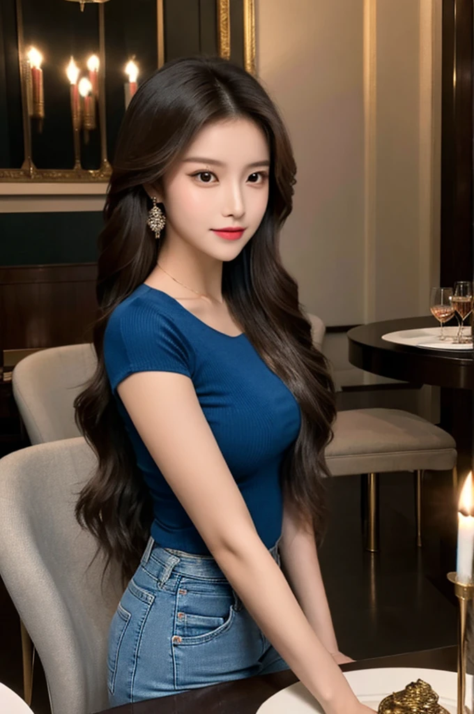 Generate an image of a breathtaking 20-year-old Asian woman whose beauty is comparable to a goddess of the fire element. She has large brown eyes, dark brown hair, radiant skin, and an appealing look. Dressed in a stunning top and blue skinny jeans, she is seated elegantly at a romantic dining table. The ambiance is intimate with soft lighting, candles, and a beautifully set table.
