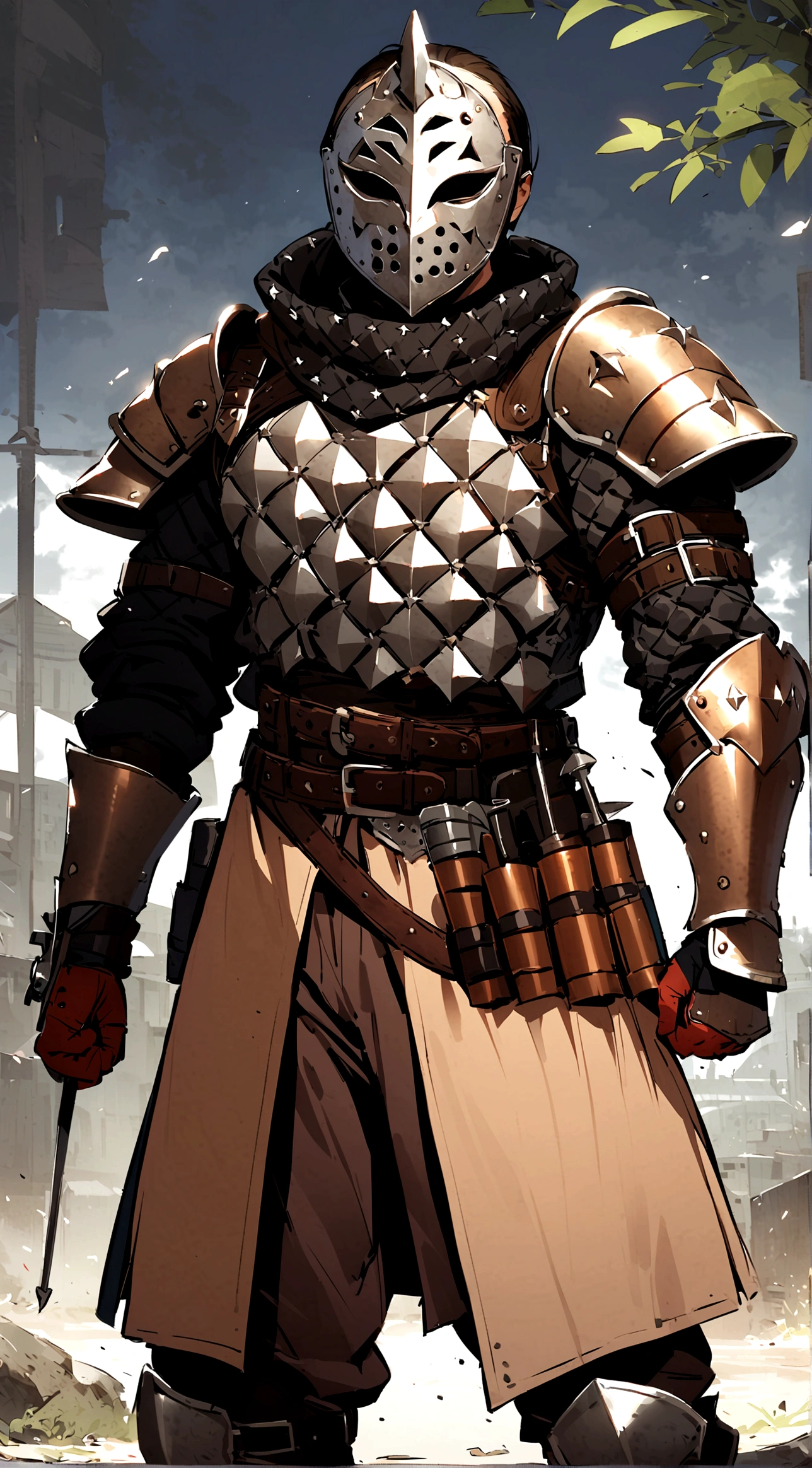 1boy, armor, light armor, gambeson, chainmail, brown pants, boots, copper armor, chestplate, bandolier, belts, shoulder plates, light shoulder armor, arm armor, leg armor, side skirts, black skirts, tattered scarf, black scarf, metal face, metal mask, fencing, rapier, buckler, Height=1.83m, BodyType=slim fit, masked, helmet, midjourney. metal face, Baldwin mask, Roman face mask, metal face, slightly copper colored armor, porcelain mask, acting mask, theathre mask