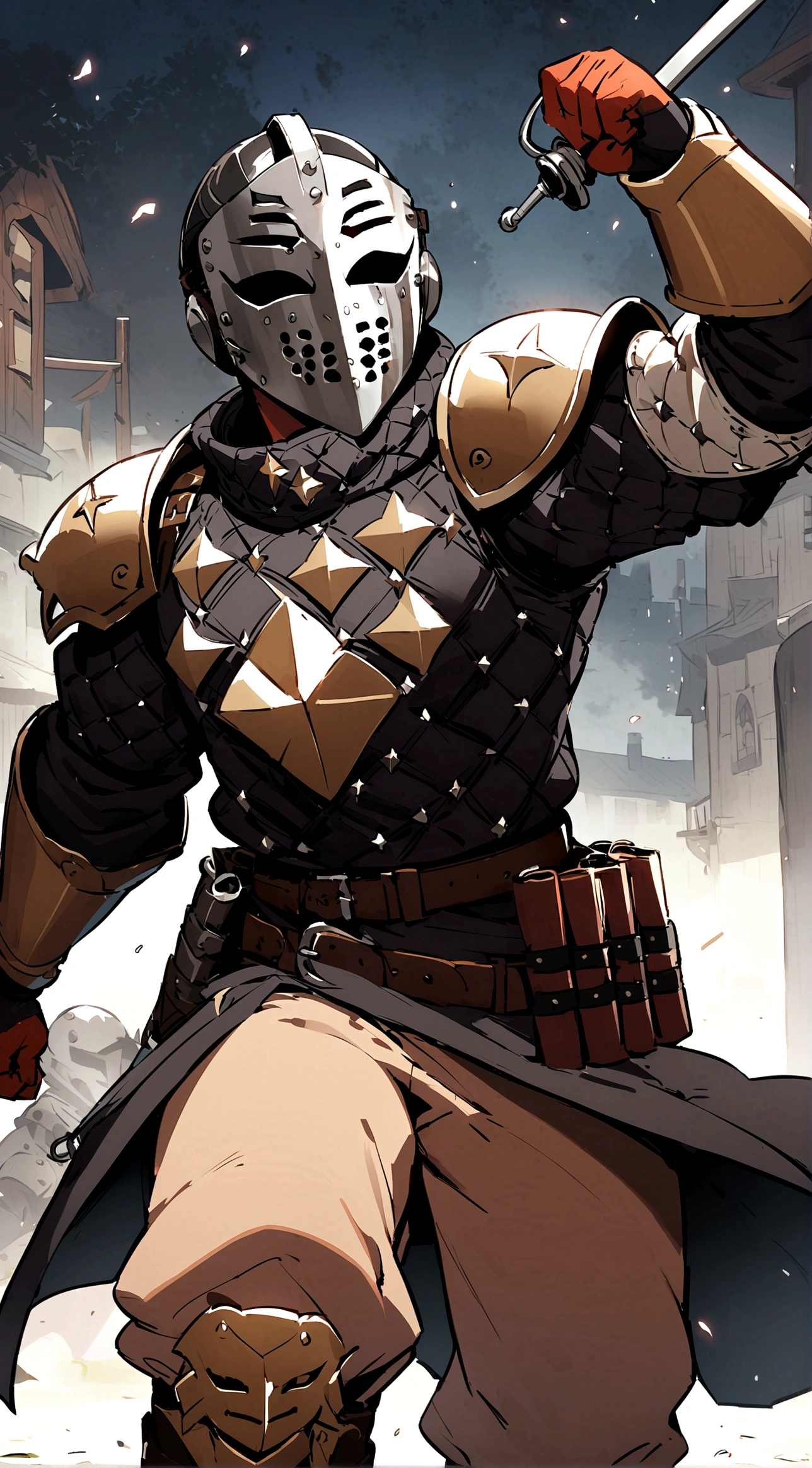 1boy, armor, light armor, gambeson, chainmail, brown pants, boots, copper armor, chestplate, bandolier, belts, shoulder plates, light shoulder armor, arm armor, leg armor, side skirts, black skirts, tattered scarf, black scarf, metal face, metal mask, fencing, rapier, buckler, Height=1.83m, BodyType=slim fit, masked, helmet, midjourney. metal face, Baldwin mask, Roman face mask, metal face, slightly copper colored armor, porcelain mask, acting mask, theathre mask
