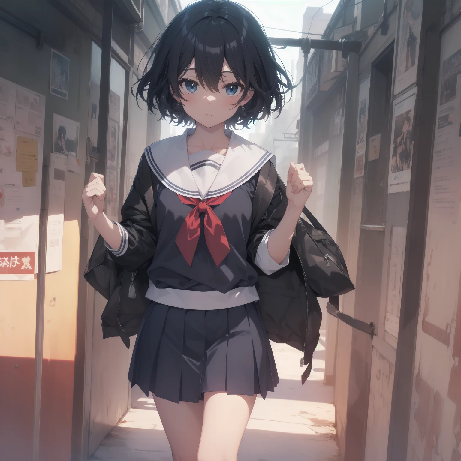ultra-absurdres-Top quality by artist God, ultra-detailed, high resolution, anime moe artstyle, best anime 8k konachan wallpaper, pixiv contest winner, pool:2810, perfect anatomy,break, 1girl, (Please draw a girl walking sleepily to school alone. )break,(Solo,little female, 13-year-old:1.3),Full limbs, complete fingers,a junior high school student, (very short hair), short cut, flat chest, , small butt, small black eyes, beautiful detailed eyes, well-proportioned iris and pupils, expressive eyes, highres detailed hair, soft expression, salor school_uniform, sailor collar, serahuku, bow, pleated skirt,(Detailed Lighting), (Detailed background), in the School commute route. break,super detailed skin, Best cinematic lighting powered by famous artist, 8k,beauty illustration,photoshop_(medium),very aesthetic,break,((artist:yuuji_(and) )), artist:clamp ,artist:carnelian ,artist:kantoku ,