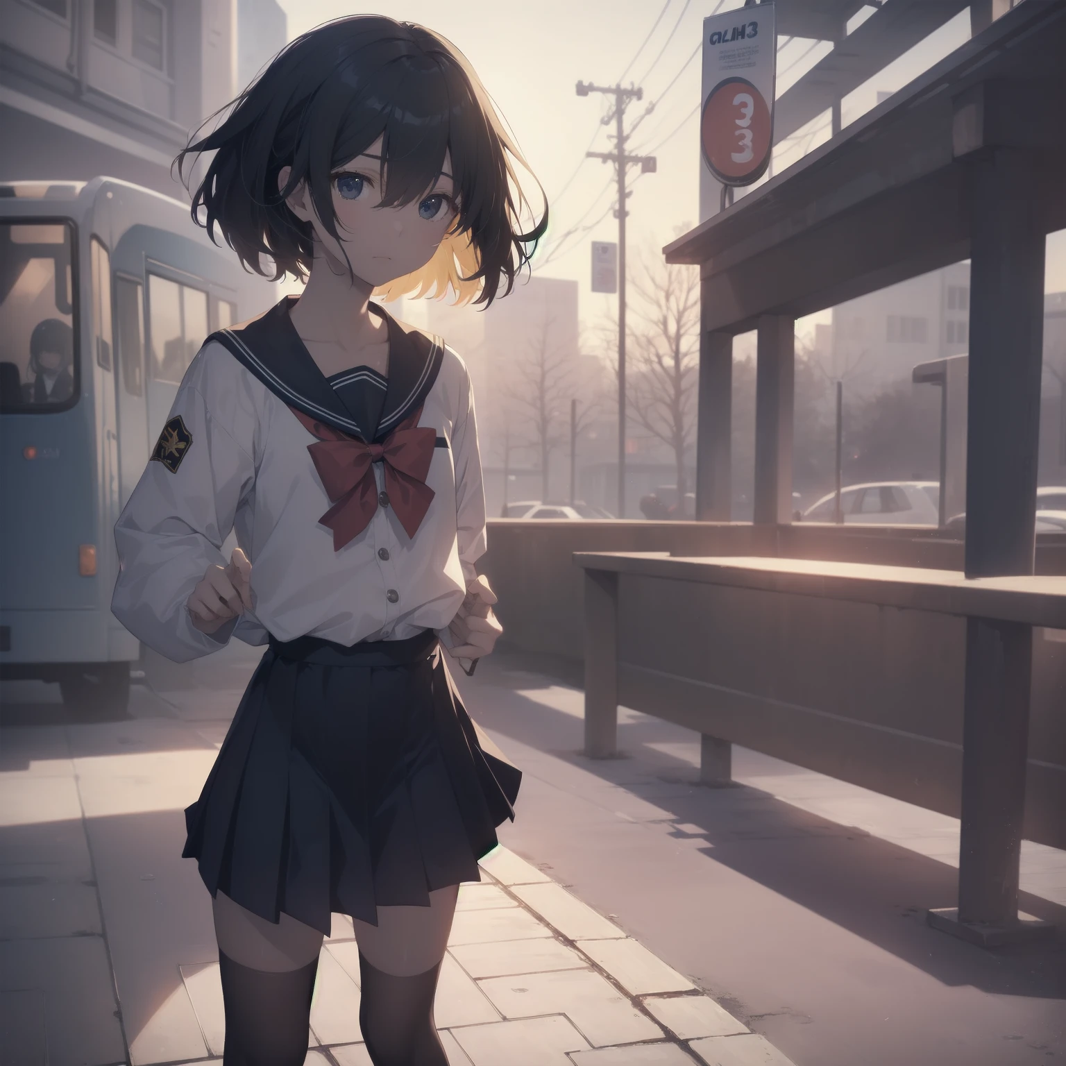 ultra-absurdres-Top quality by artist God, ultra-detailed, high resolution, anime moe artstyle, best anime 8k konachan wallpaper, pixiv contest winner, pool:2810, perfect anatomy,break, 1girl, (Please draw a girl walking sleepily to school alone. )break,(Solo,little female, 13-year-old:1.3),Full limbs, complete fingers,a junior high school student, (very short hair), short cut, flat chest, , small butt, small black eyes, beautiful detailed eyes, well-proportioned iris and pupils, expressive eyes, highres detailed hair, soft expression, salor school_uniform, sailor collar, serahuku, bow, pleated skirt,(Detailed Lighting), (Detailed background), in the School commute route. break,super detailed skin, Best cinematic lighting powered by famous artist, 8k,beauty illustration,photoshop_(medium),very aesthetic,break,((artist:yuuji_(and) )), artist:clamp ,artist:carnelian ,artist:kantoku ,