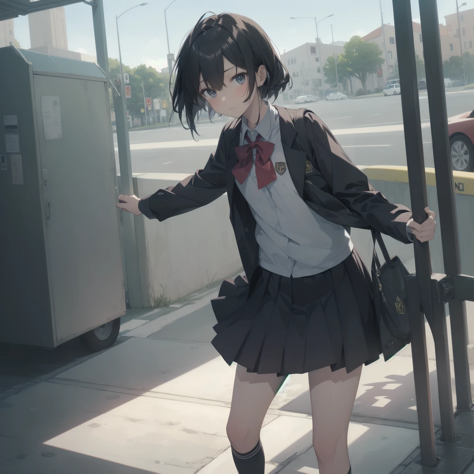 ultra-absurdres-Top quality by artist God, ultra-detailed, high resolution, anime moe artstyle, best anime 8k konachan wallpaper, pixiv contest winner, pool:2810, perfect anatomy,break, 1girl, (Please draw a girl walking sleepily to school alone. )break,(Solo,little female, 13-year-old:1.3),Full limbs, complete fingers,a junior high school student, (very short hair), short cut, flat chest, , small butt, small black eyes, beautiful detailed eyes, well-proportioned iris and pupils, expressive eyes, highres detailed hair, soft expression, salor school_uniform, sailor collar, serahuku, bow, pleated skirt,(Detailed Lighting), (Detailed background), in the School commute route. break,super detailed skin, Best cinematic lighting powered by famous artist, 8k,beauty illustration,photoshop_(medium),very aesthetic,break,((artist:yuuji_(and) )), artist:clamp ,artist:carnelian ,artist:kantoku ,