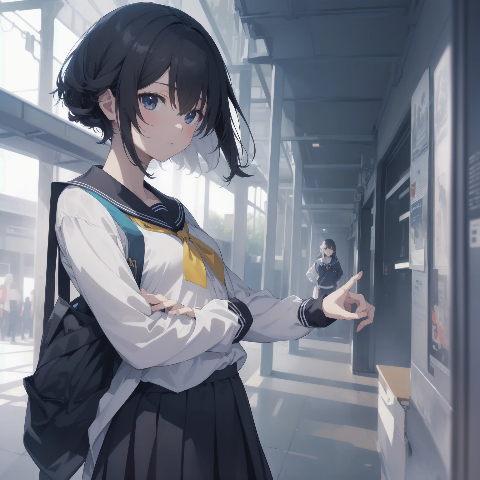 ultra-absurdres-Top quality by artist God, ultra-detailed, high resolution, anime moe artstyle, best anime 8k konachan wallpaper, pixiv contest winner, pool:2810, perfect anatomy,break, 1girl, (Please draw a girl walking sleepily to school alone. )break,(Solo,little female, 13-year-old:1.3),Full limbs, complete fingers,a junior high school student, (very short hair), short cut, flat chest, , small butt, small black eyes, beautiful detailed eyes, well-proportioned iris and pupils, expressive eyes, highres detailed hair, soft expression, salor school_uniform, sailor collar, serahuku, bow, pleated skirt,(Detailed Lighting), (Detailed background), in the School commute route. break,super detailed skin, Best cinematic lighting powered by famous artist, 8k,beauty illustration,photoshop_(medium),very aesthetic,break,((artist:yuuji_(and) )), artist:clamp ,artist:carnelian ,artist:kantoku ,