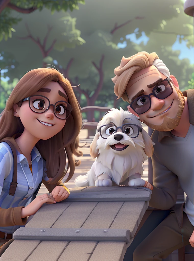A man with white skin and brown gradient hair and a beard wearing sunglasses, in the middle a ShiTzu dog in white with brown color and a fair woman with blonde hair wearing sunglasses. in disney pixar style, high qualiy, best qualityer