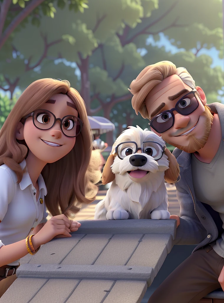 A man with white skin and brown gradient hair and a beard wearing sunglasses, in the middle a ShiTzu dog in white with brown color and a fair woman with blonde hair wearing sunglasses. in disney pixar style, high qualiy, best qualityer