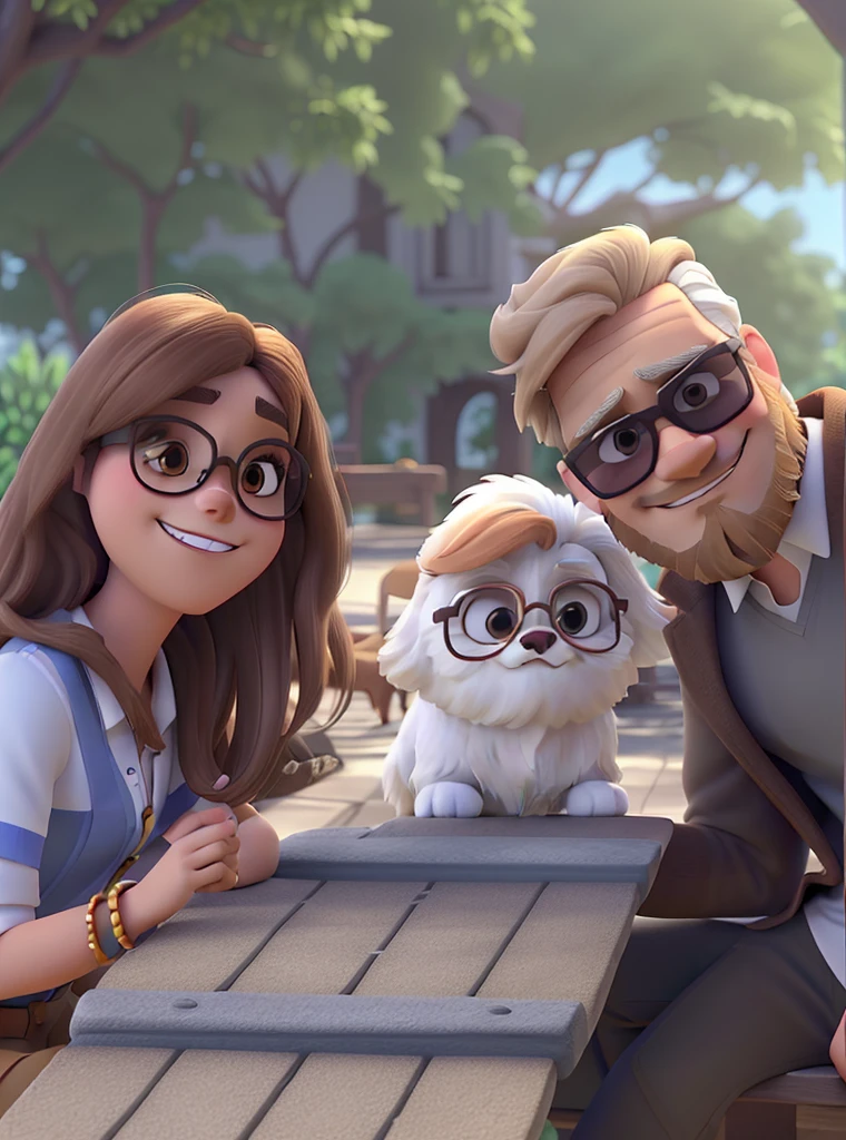 A man with white skin and brown gradient hair and a beard wearing sunglasses, in the middle a ShiTzu dog in white with brown color and a fair woman with blonde hair wearing sunglasses. in disney pixar style, high qualiy, best qualityer