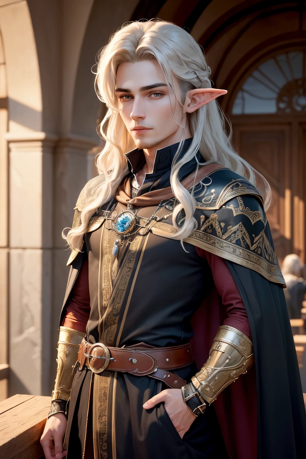 ((best quality)), ((masterpiece)), (detailed), Prize-winning works, with incredible details, maximum textures and details, uhd ,8K,super resolution ,depth of field, retina, masterpiece, anatomically correct, textured skin, super detail, high details, highres ,1 Male Elf Medieval Fantasy RPG Adventurer,hair in the wind,very long light purple hair ,((sem no facial hair,)),shy smile,similar to the work of JRR Tolkien,black long cape ,lightweight armour,fully body, hyper-detailed piercing eyes , (25 year old young man :1.1,detailedeyes, face detailed, whole body:1.1,the background is a magnificent castle ),(best qualityer:1.2,ultra detali:1.1,realisitic:1.37) ,eyeshadows,sharp focus,swirly vibrant colors,)