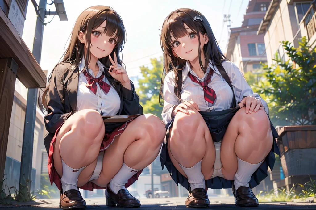 (Realistic, photo Realistic:1.2), ((Highest quality)), Shift the center of gravity backwards, かなりEmbarrassing, White pantiesー, (Showing panties:1.4),Tight Skirt, (Panty shot:1.3), (Lift up your skirt:1.3), (Squat:1.4), Place your heels on the ground, Spread your legs a little, Squat with your knees up, Put your butt on the ground, loafers, Beautiful facial details, Real human skin, Gentle expression, 正面figure, angle From below, Realistic, photoRealistic, cute, Short skirt, Squat deep on school grounds, cute school girl, Japanese school girl uniform, whole body,smile, 自然なsmile, cutesmile, 魅惑的なsmile, (Looking at the audience:1.2), From before, From below,Red checked mile、Making a peace sign、Squatting,from the front, {{{Showing panties:2.0}}},Pay attention to the panties,School Shirt,, Wide-angle
 ,(Masseter muscle area, Highest quality),Absurd, (Two Girls),Squat,eight-headed body, 学校のclassroom, Red mini skirt,, Red pleated skirt,Red pleated skirt,{{White loose socks}},Browsing Caution,((Tabletop,High resolution)), Best lighting, Best Shadow,Low angle, (Tabletop:1.2), Highest quality, High resolution, unity 8k wallpaper, (figure:0.8), (Beautiful fine details:1.6), 非常にDetailed face, Perfect lighting, Highly detailed CG, (Perfect hands, Perfect Anatomy)   、(Two Girls), (Highest quality), (Super detailed), (Detailed light), (Very delicate and beautiful), Brown Hair, Brown eyes, model, (Beautiful big boobs:1.2), Bare shoulders, (Bare Chest:1.3), (High School Uniform, Red pleated skirt:1.3), (High  with wide open breasts:1.6), Highest quality, Highly detailed CG synthesis 8k wallpaper, High resolutionRAWカラー写真, Professional photography, (((Bokeh))), Depth of written boundary, White panties、茶色のloafers、smile、明るいclassroom、(((by 2 person))),(((2 girls))), Slim and beautiful thighs, Highly detailed skin, masterpiece, Highest quality, 非常にDetailed face, Vibrant colors, Cinema Lighting,, Two Girls, by 2 person, Brown eyes, Brown Hair, hair ornaments,short hair,Red Check Skirt,blush, White shirt, masterpiece Highest quality High resolution、Sit with your knees bent、Beautiful feet 、On campus、まるでFrom below見上げるかのように、Embarrassing,Browsing Caution,White panties,Camel Toe、((Tabletop, Highest quality, High resolution, Pixel perfect, ))), Two Girls, by 2 person きれいな女性、whole bodyが見えました、 ((Short Wavy Hair, bangs, Brown Hair)), ((Brown eyes, Beautiful eyelashes, Realistic eyes)), ((Detailed face, blush:1.2)), ((Smooth texture:0.75, Realistic texture:0.65, Realistic:1.1, Anime CG Style)), Medium chest, Dynamic Angle, Perfect body, ((school uniform, White shirt, Red Skirt, Unbuttoned shirt、Red Check Skirt、White socks)), classroom、Sit at a desk、I took my feet off the desk.、smile、(Lift up your skirt with your right hand、Spread your legs、Knees wide open、white lace panties)、、(cuteブラ)、From belowの角度