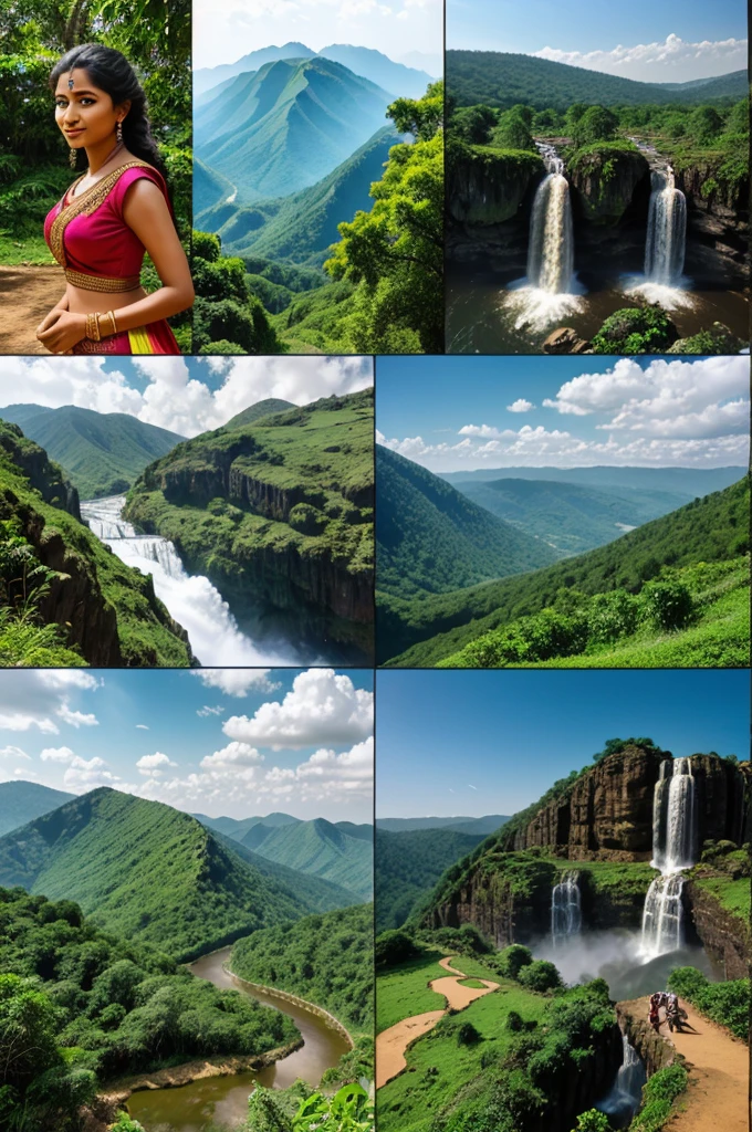 Make collage of 5 photos each of Karnataka waterfall and peaks and hills and crops