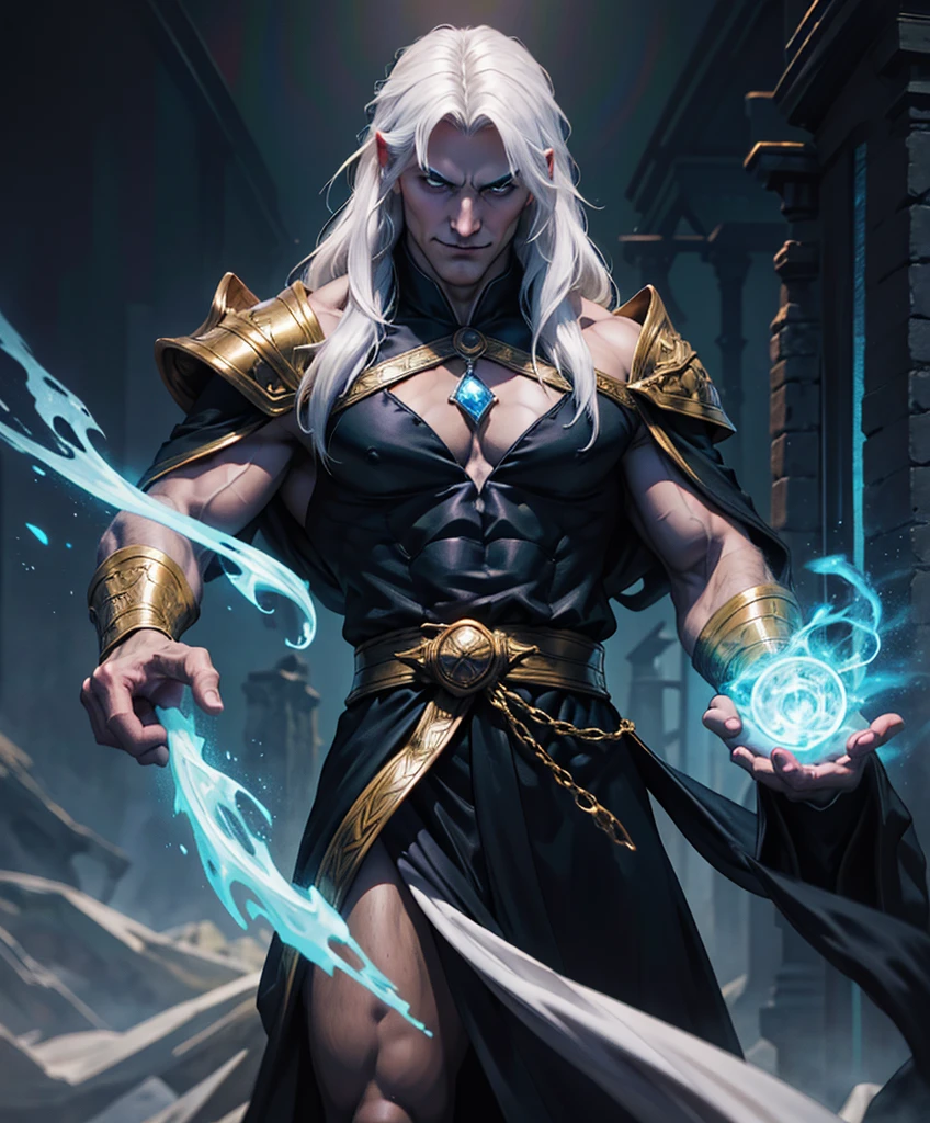 (((Luxurious shoulder-length white hair, dark complexion, and sexy smirk.))) (((18 years old.))) (((18yo.))) (((Cute smirk.))) (((Single character image.))) (((1boy)))Visualize a spellbinding male wizard set against the backdrop of a medieval fantasy world. This enigmatic figure embodies an enticing blend of allure and darkness, his very presence casting an enchanting aura. He is impeccably attired in the most exquisite medieval fantasy wizard robes, exuding an air of sophistication.
The wizard possesses a youthful countenance that belies the deep moodiness within. His long, flowing hair is a lustrous cascade, oozing with a seductive and alluring charm. His eyes, captivating and mesmerizing, beckon viewers into the depths of his enigma. His physique, sculpted and sensual, hints at hidden power beneath the surface. (((he has very strong sexual charisma and his dark aloofness, draws women in.)))
With a subtle smile playing upon his lips, he emanates an aura of smug confidence, knowing that his arcane prowess sets him apart from the mundane. He carries an air of distinguished arrogance, yet his lithe and slender figure reflects an intelligence that transcends mortal bounds.
This wizard's gaze holds secrets untold, and his sinister undertone hints at a mysterious past. He is a master of the arcane, a sorcerer of the mystic arts, and an adventurer in the truest sense. His scowl speaks of power, and his very presence is irresistibly desirable.
His devious smug smirk reveals his awareness of his own capabilities, and his athletic body is as handsome as it is commanding. The artwork should embrace the unique art style of Artgerm, capturing intricate details, hyper-detailed hands, and ultra-detailed clothing that showcase the craftsmanship of this epic masterpiece.
This is a Dungeons & Dragons character portrait that trends on artstation, embodying the essence of a wizard who is both a captivating enigma and a force to be reckoned with.