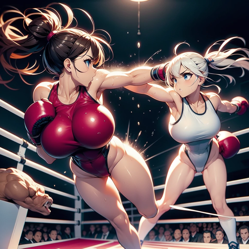 NSFW ,Side View , Fullbody shot , Female boxing Face to face, Wear leotard , So huge breasts.