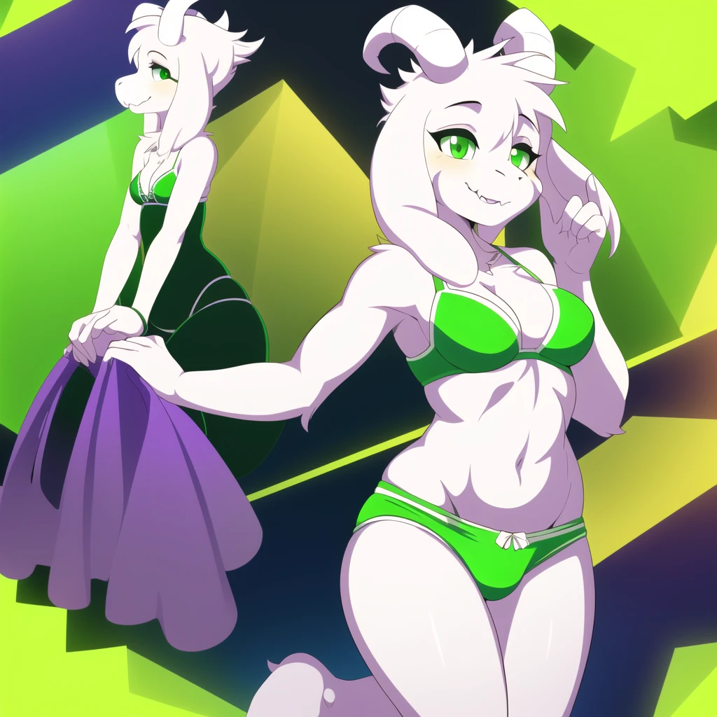 (best quality, masterpiece:1), furry female anthro asriel goat girl, solo, standing pose, female sexy body, medium breasts, (green bikini:1.1), white goat horns, (green underwear:1.2), green eyes, smile, looking at viewer, (abstract background:1.0),